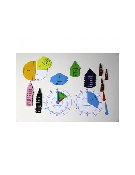 Apprentissage de l ehure et minutes wissner set horloge et fractions 1 cadran et 63 fractions colorees et.