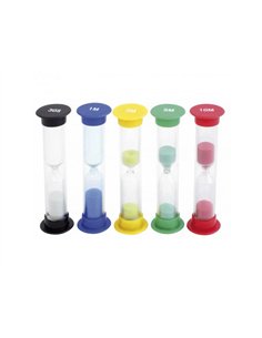 Mesure du temps eduplay sabliers couleur de sable et duree diffrente lot de 5 coloris assortis.