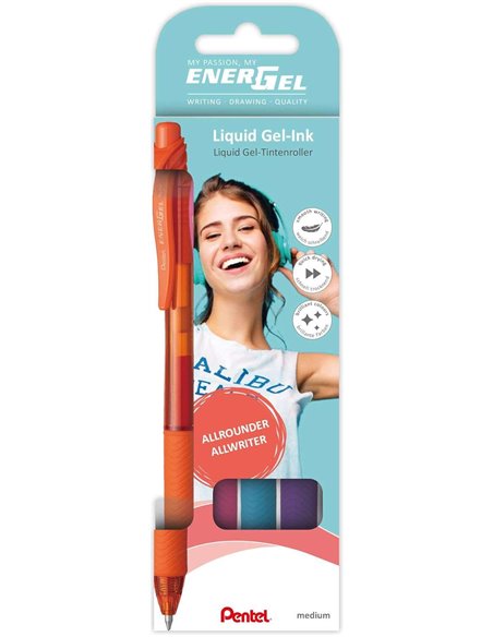 Stylos à bille rétractables Pentel EnerGel X, lot de 4 – Pointe de 0,7 mm, trait de 0,35 mm, rechargeables, grip, 50 % de matéri