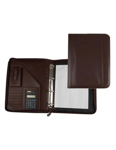 Conférencier a4 calculatrice plastique fermeture éclair pochette téléphone portable 4 anneaux 40mm 35,5x26x1cm marron.