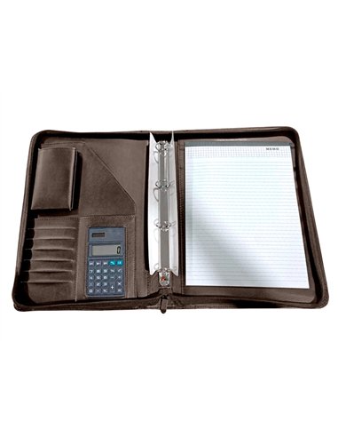 Conférencier a4 calculatrice plastique fermeture éclair pochette téléphone portable 4 anneaux 40mm 35,5x26x1cm marron.