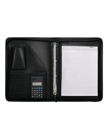 Conférencier a4 calculatrice plastique fermeture éclair pochette téléphone portable 4 anneaux 40mm 35,5x26x1cm noir.