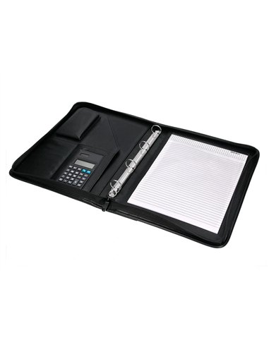 Conférencier a4 calculatrice plastique fermeture éclair pochette téléphone portable 4 anneaux 40mm 35,5x26x1cm noir.