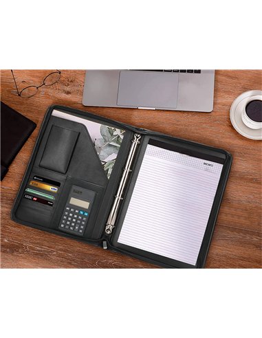 Conférencier a4 calculatrice plastique fermeture éclair pochette téléphone portable 4 anneaux 40mm 35,5x26x1cm noir.