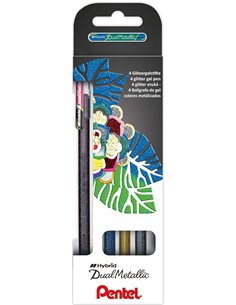 Pentel Hybrid Dual Metallic Lot de 4 stylos roller à encre gel pailletée – Pointe 1 mm – Trait 0,5 mm – Couleurs vives assorties