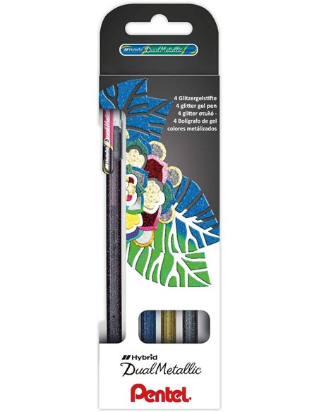 Pentel Hybrid Dual Metallic Lot de 4 stylos roller à encre gel pailletée – Pointe 1 mm – Trait 0,5 mm – Couleurs vives assorties