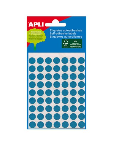Sachet Apli Mini de 288 étiquettes rondes Ø 8 mm - 3 planches de 96 étiquettes - Adhésif permanent - Bleu