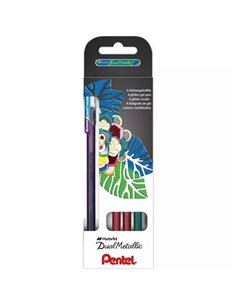 Pentel Hybrid Dual Metallic Lot de 4 stylos roller à encre gel pailletée – Pointe 1 mm – Trait 0,5 mm – Couleurs vives assorties