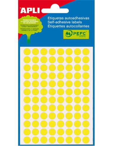 Sachet Apli Mini de 288 étiquettes rondes Ø 8 mm - 3 planches de 96 étiquettes - Adhésif permanent - Jaune fluo