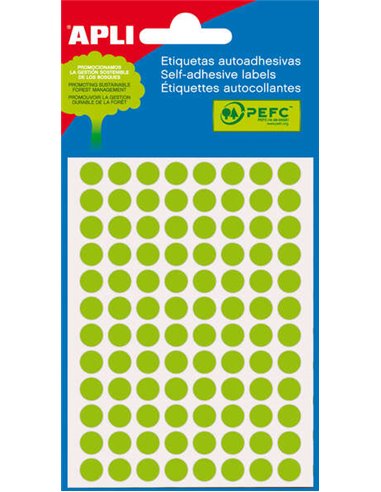Sachet Apli Mini de 288 étiquettes rondes Ø 8 mm - 3 planches de 96 étiquettes - Adhésif permanent - Vert fluo
