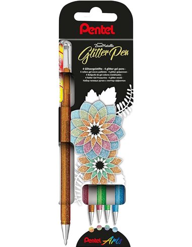 Pentel Hybrid Dual Metallic Lot de 4 stylos roller à encre gel pailletée – Pointe 1 mm – Trait 0,5 mm – Couleurs vives assorties