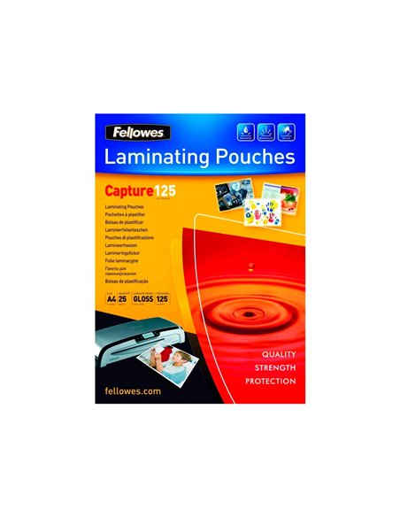 Pochette plastification fellowes à chaud polyester transparent résistant eau format a4 125 microns boîte 25 unités.