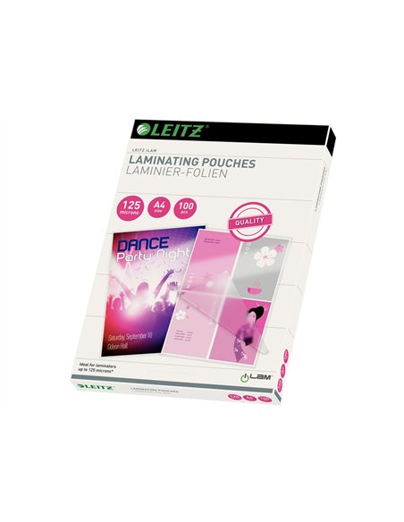 Pochette plastification leitz a4 125 microns coloris transparent boite 100 unites.