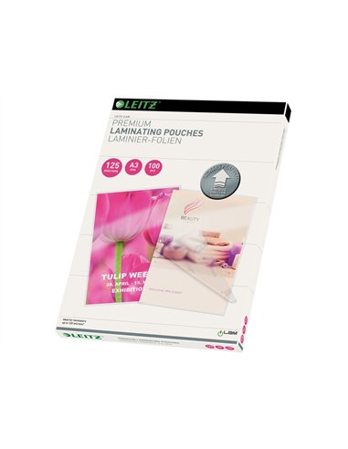 Pochette plastification leitz udt a3 125 microns coloris transparent boite 100 unites.