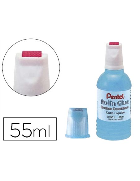 Colle pentel roll'n glue roulette caoutchouc inodore lavable transparente flacon de 55ml.