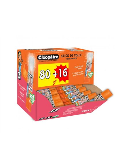 Colle transparente cleopatre repositionnable sans solvant lavable des 30 baton de 8g boite de 96 unites.