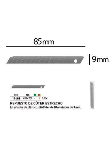 Lame 9mm de rechange q-connectpour cutters kf10631/kf00234/kf10940/kf10938/kf10934 blister 10 unites.