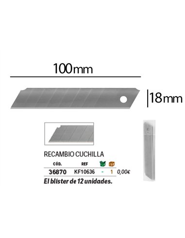 Lame 18mm de rechange q-connect pour cutters kf10632/kf10635/kf10937/kf10634 blister 12 unites.