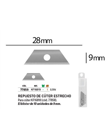 Lame rechange q-connect cutter étroit 9mm blister 10 unités.