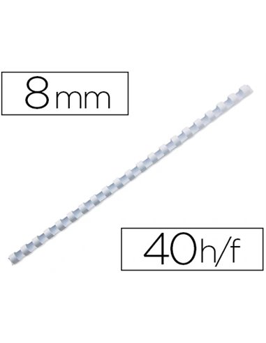 Anneau plastique à relier fellowes dos rond capacité 40f 8mm diamètre 300mm longueur coloris blanc boîte 100 unités.