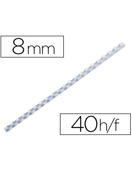 Anneau plastique à relier fellowes dos rond capacité 40f 8mm diamètre 300mm longueur coloris blanc boîte 100 unités.