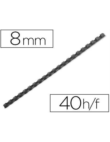 Anneau plastique à relier fellowes dos rond capacité 40f 8mm diamètre 300mm longueur coloris noir boîte 100 unités.