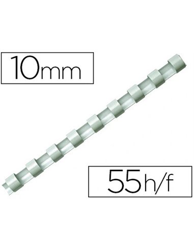 Anneau plastique à relier fellowes dos rond capacité 55f 10mm diamètre 300mm longueur coloris blanc boîte 100 unités.