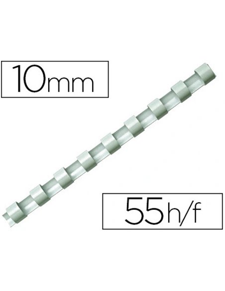 Anneau plastique à relier fellowes dos rond capacité 55f 10mm diamètre 300mm longueur coloris blanc boîte 100 unités.