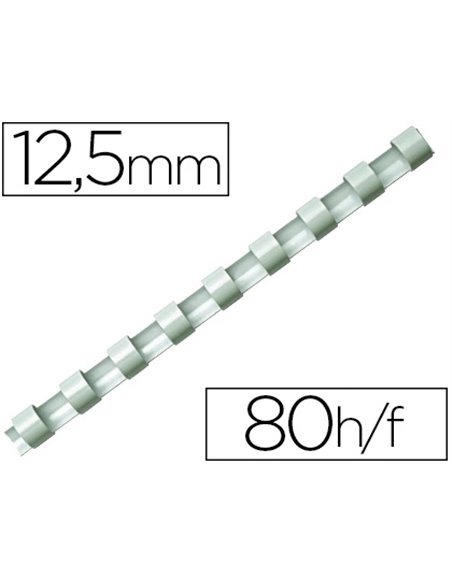 Anneau plastique à relier fellowes dos rond capacité 80f 12 mm diamètre 300mm longueur coloris blanc boîte 100 unités.