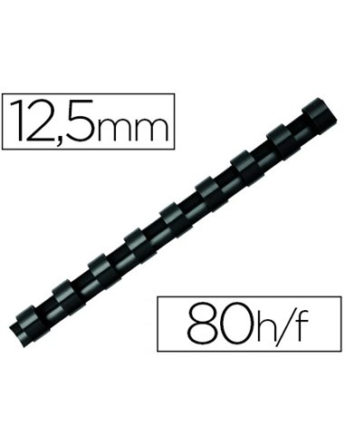 Anneau plastique à relier fellowes dos rond capacité 80f 12,5mm diamètre 300mm longueur coloris noir boîte 100 unités.