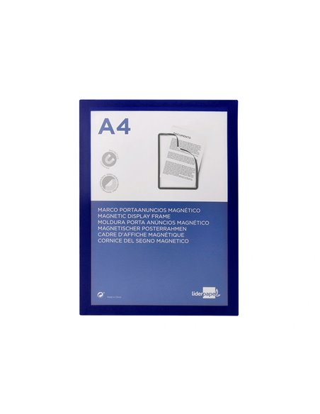 Cadre affichage liderpapel mural magnetique a4 dos adhesif repositionnable coloris bleu.