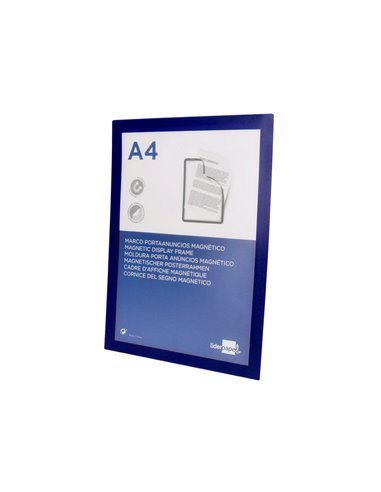 Cadre affichage liderpapel mural magnetique a4 dos adhesif repositionnable coloris bleu.