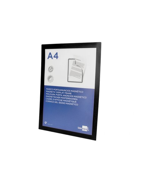 Cadre affichage liderpapel mural magnetique a4 dos adhesif repositionnable coloris noir.
