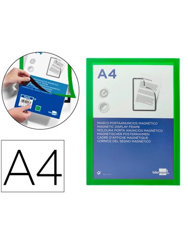 Cadre affichage liderpapel mural magnetique a4 dos adhesif repositionnable coloris vert.