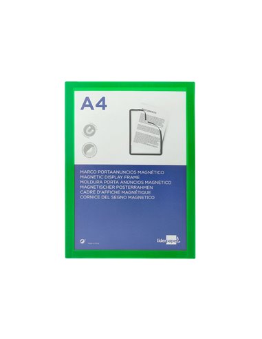 Cadre affichage liderpapel mural magnetique a4 dos adhesif repositionnable coloris vert.