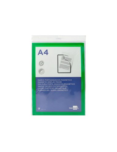 Cadre affichage liderpapel mural magnetique a4 dos adhesif repositionnable coloris vert.
