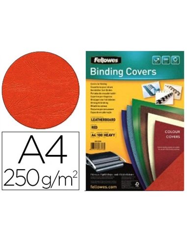 Couverture fellowes grain cuir 250g format a4 coloris rouge paquet 100 unités.