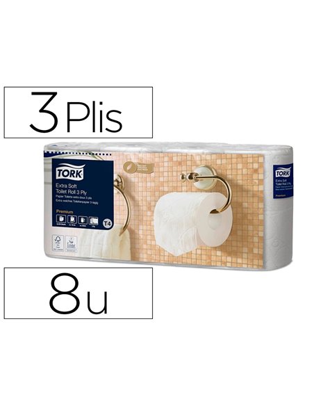 Papier toilette tork premium rouleau traditionnel extra doux 155f 3plis ecolabel paquet de 8 rouleaux.