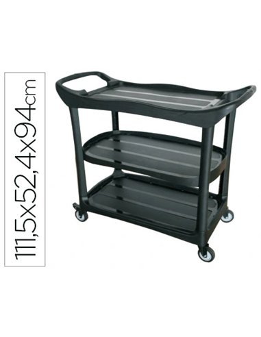 Chariot service q-connect plastique 3 plateaux plastique 4 roues poignées 111,5x52,4x94cm.