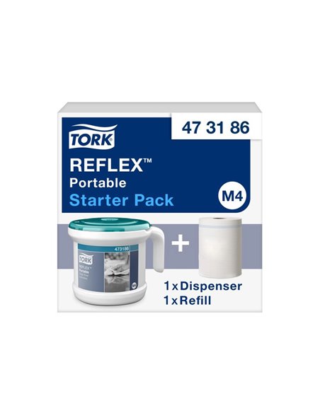 Distributeur tork reflex essuie-mains m4 performance portable devidage central coloris blanc et turquoise.