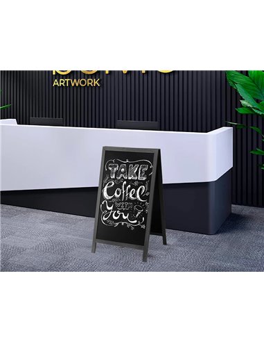 Tableau sol noir liderpapel bois hôtellerie chevalet double face marqueur type craie 75x135x52cm.