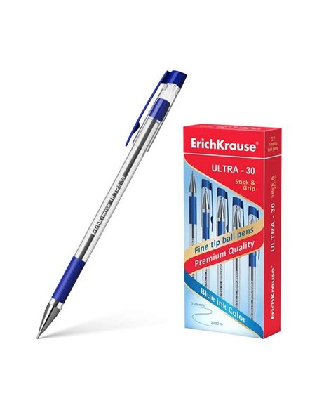 Stylo à bille Erichkrause Ultra-30 - Rechargeable à pointe fine - Corps transparent avec grip en caoutchouc - Encre à séchage ra