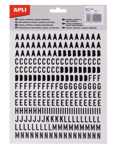 Lettres majuscules adhésives Apli - Hauteur 10 mm - Noir - Lot de 2 feuilles de 486 lettres