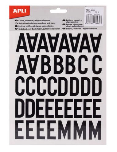 Autocollants Apli Lettres Majuscules - Hauteur 30 mm - Couleur Noir - Paquet de 4 feuilles de 153 lettres