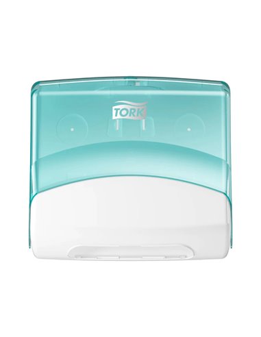 Distributeur tork de chiffons plies w4 capot transparent distribution f/f coloris turquoise/blanc.