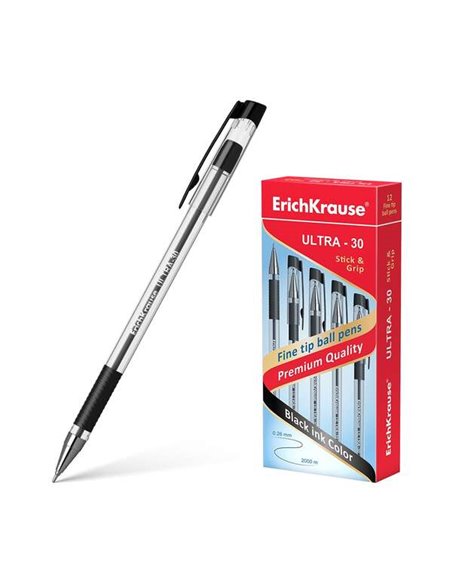 Stylo bille Erichkrause Ultra-30 - Rechargeable à pointe fine - Corps transparent avec grip en caoutchouc - Encre noire - 2 000 