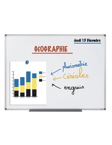 Tableau blanc juvénilia émaillé magnétique ultra résistant tôle acier lisse auget 30cm kit fixation inclus 90x120cm.