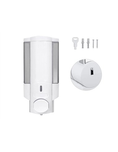 Distributeur savon q-connect manuel acier inoxydable serrure viseur bleu transparent coloris blanc 350ml 80x90x190mm.