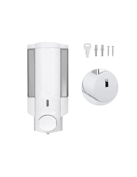Distributeur savon q-connect manuel acier inoxydable serrure viseur bleu transparent coloris blanc 350ml 80x90x190mm.