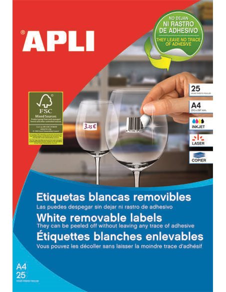 Pack de 6 750 étiquettes blanches amovibles Apli 17,8 x 10,0 mm - 25 feuilles x 270 étiquettes - Adhésif amovible - Couleur blan